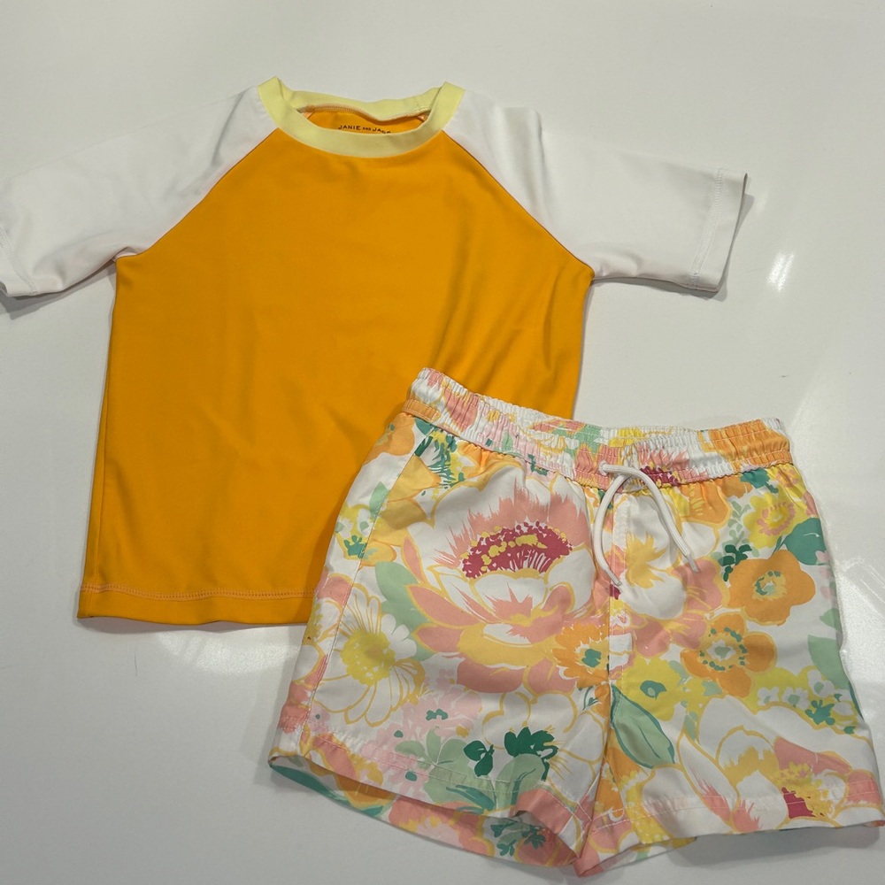 Janie and Jack Yellow and Floral Kids Rashguard Set